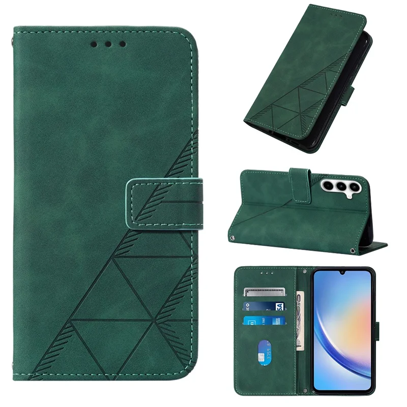 Série de Impressão YB-1 para Samsung Galaxy A35 5G Capa de Telefone com Alça de Carteira Cobertura de Couro - Verde Escuro