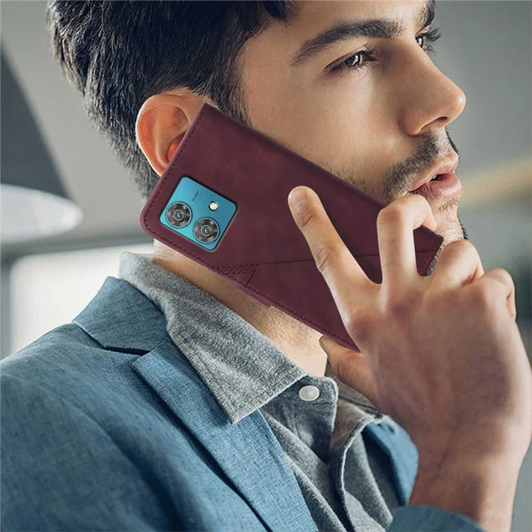 YB Imprinting Series-1 pour Motorola Edge 40 Neo 5G Étui en cuir portefeuille avec support et sangle - Rouge vin