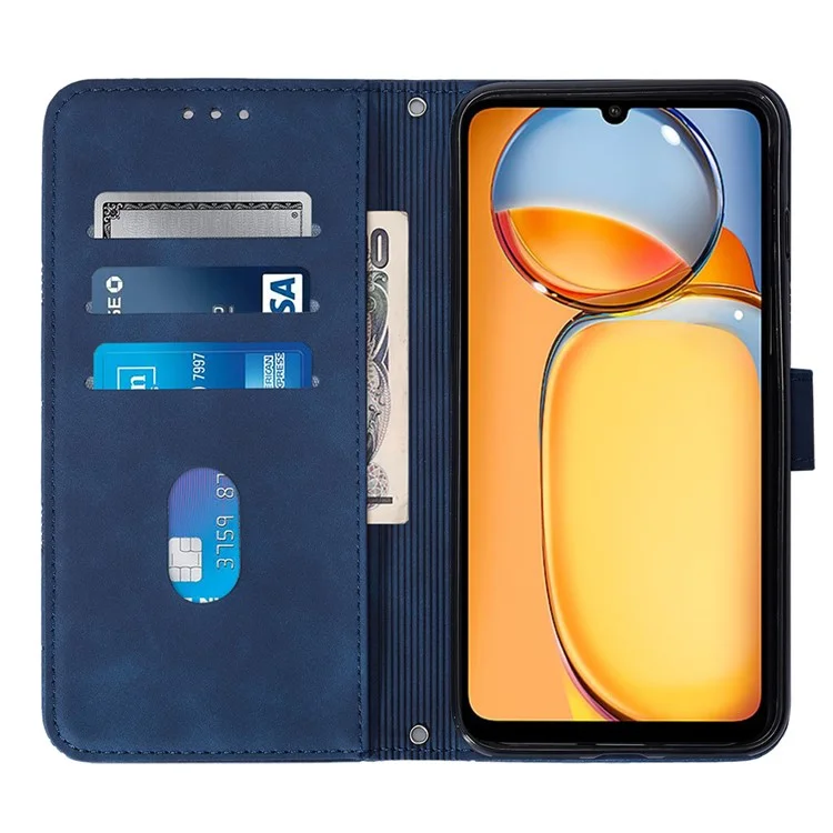 Série YB Imprinting-1 Para Xiaomi Redmi 13C 4G / 13C 5G / 13R 5G / Poco M6 5G / Poco C65 4G Caso de Telefone de Carteira com Alça - Safira