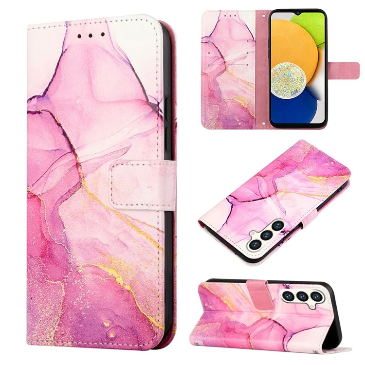 Serie de Cuero con Estampado de Patrón YB para Funda de Samsung Galaxy S24+ Cubierta de Cuero PU con Correa para el Hombro - Rosa+Púrpura+Dorado LS001 