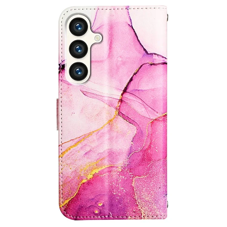Serie de Cuero con Estampado de Patrón YB para Funda de Samsung Galaxy S24+ Cubierta de Cuero PU con Correa para el Hombro - Rosa+Púrpura+Dorado LS001 