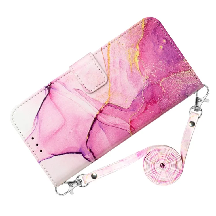 Serie de Cuero con Estampado de Patrón YB para Funda de Samsung Galaxy S24+ Cubierta de Cuero PU con Correa para el Hombro - Rosa+Púrpura+Dorado LS001 