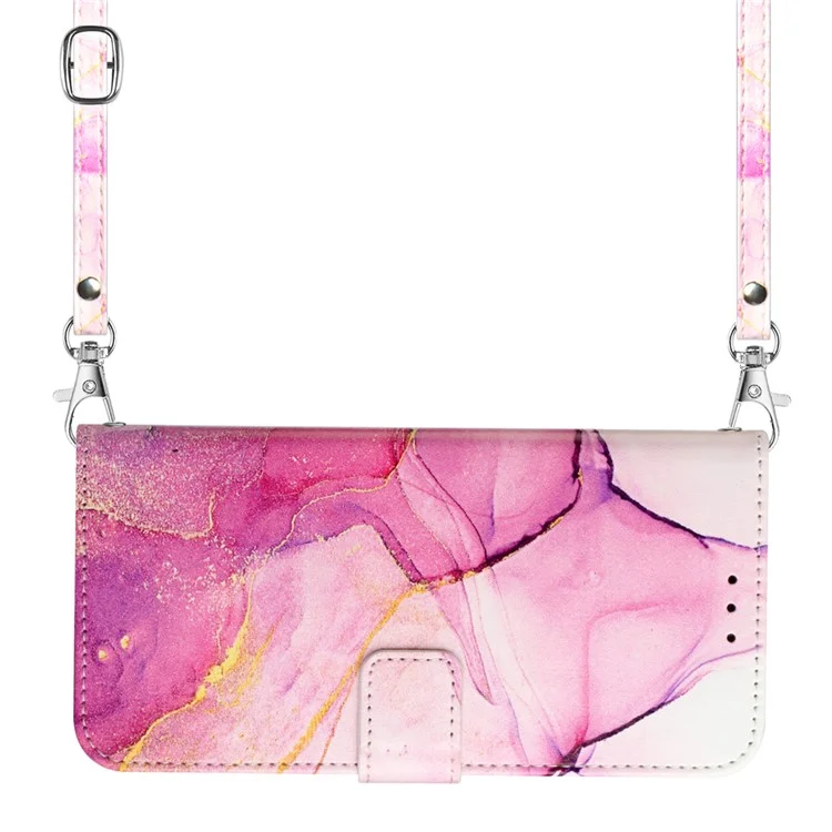Serie de Cuero con Estampado de Patrón YB para Funda de Samsung Galaxy S24+ Cubierta de Cuero PU con Correa para el Hombro - Rosa+Púrpura+Dorado LS001 