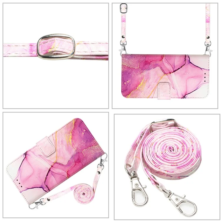 Serie de Cuero con Estampado de Patrón YB para Funda de Samsung Galaxy S24+ Cubierta de Cuero PU con Correa para el Hombro - Rosa+Púrpura+Dorado LS001 