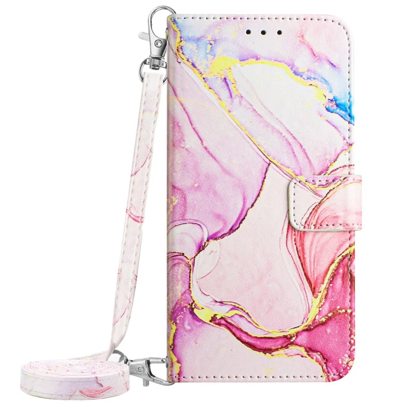 For Motorola Edge 40 Neo 5G Leather Case with Shoulder Strap Marble Pattern Phone Stand Cover - Rose Gold LS005