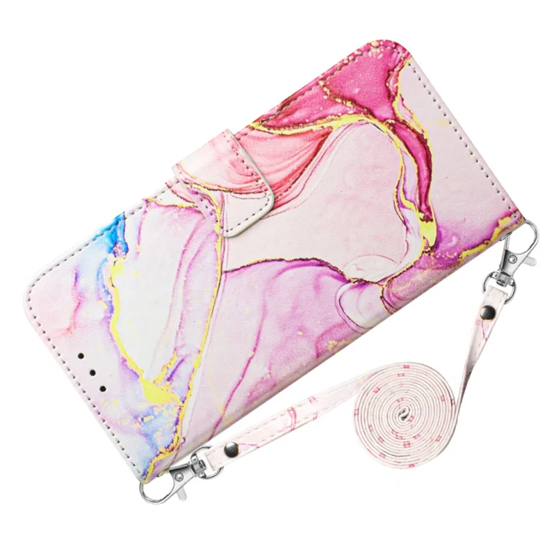 For Motorola Edge 40 Neo 5G Leather Case with Shoulder Strap Marble Pattern Phone Stand Cover - Rose Gold LS005