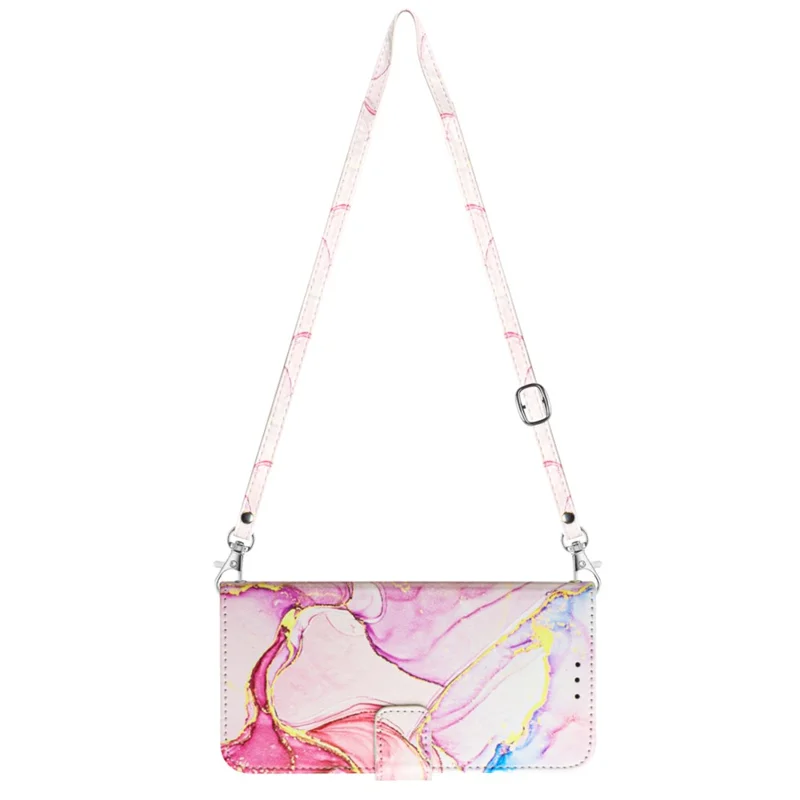 For Motorola Edge 40 Neo 5G Leather Case with Shoulder Strap Marble Pattern Phone Stand Cover - Rose Gold LS005