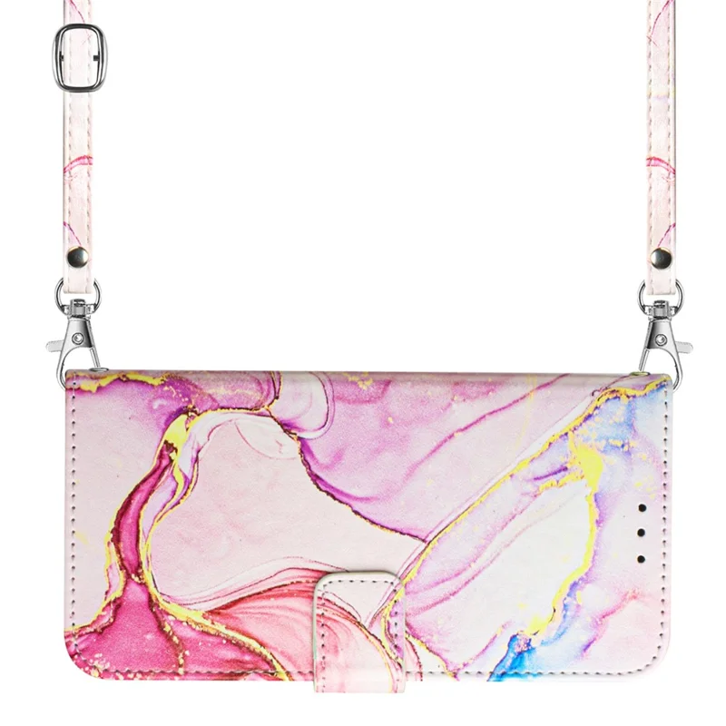 For Motorola Edge 40 Neo 5G Leather Case with Shoulder Strap Marble Pattern Phone Stand Cover - Rose Gold LS005