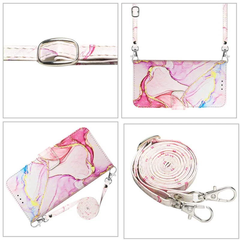 For Motorola Edge 40 Neo 5G Leather Case with Shoulder Strap Marble Pattern Phone Stand Cover - Rose Gold LS005
