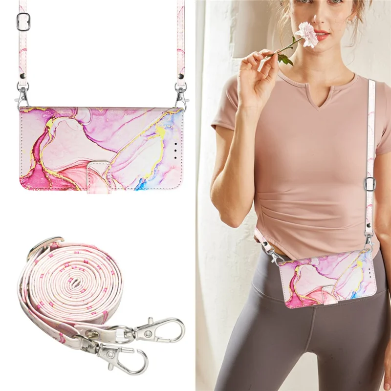 For Motorola Edge 40 Neo 5G Leather Case with Shoulder Strap Marble Pattern Phone Stand Cover - Rose Gold LS005
