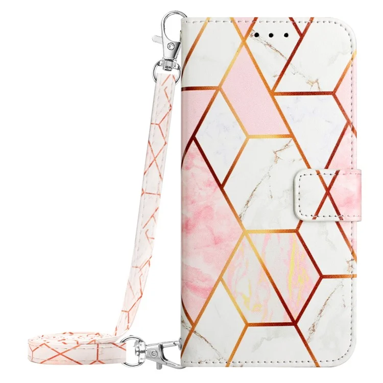 For Samsung Galaxy S24 Ultra Leather Case with Shoulder Strap Marble Pattern Phone Stand Cover - Pink / White LS002
