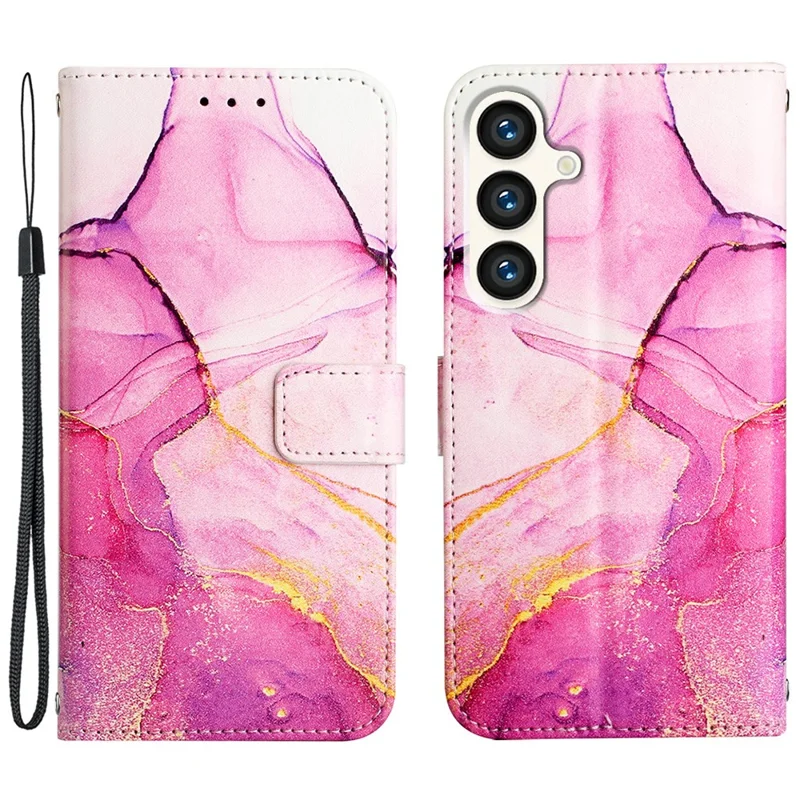 For Samsung Galaxy S24 Leather Case with Shoulder Strap Marble Pattern Phone Stand Cover - Pink / Purple / Gold LS001