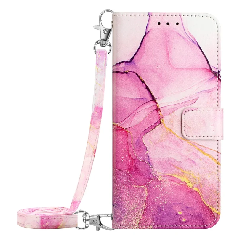 For Samsung Galaxy S24 Leather Case with Shoulder Strap Marble Pattern Phone Stand Cover - Pink / Purple / Gold LS001
