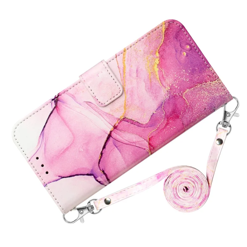 For Samsung Galaxy S24 Leather Case with Shoulder Strap Marble Pattern Phone Stand Cover - Pink / Purple / Gold LS001