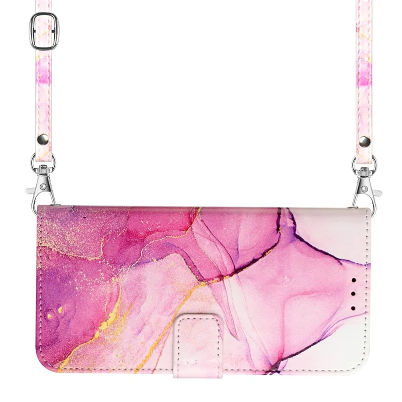 For Samsung Galaxy S24 Leather Case with Shoulder Strap Marble Pattern Phone Stand Cover - Pink / Purple / Gold LS001