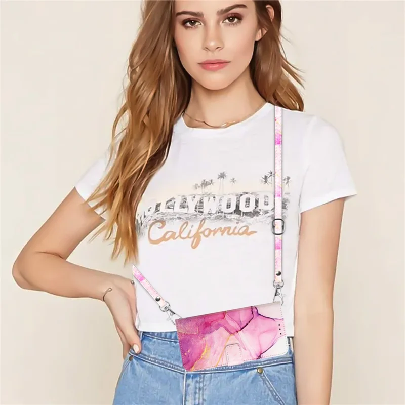 For Samsung Galaxy S24 Leather Case with Shoulder Strap Marble Pattern Phone Stand Cover - Pink / Purple / Gold LS001