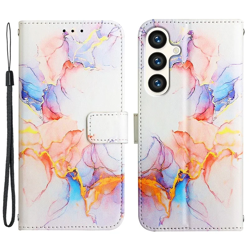 For Samsung Galaxy S24 Leather Case with Shoulder Strap Marble Pattern Phone Stand Cover - Milky Way Marble White LS004