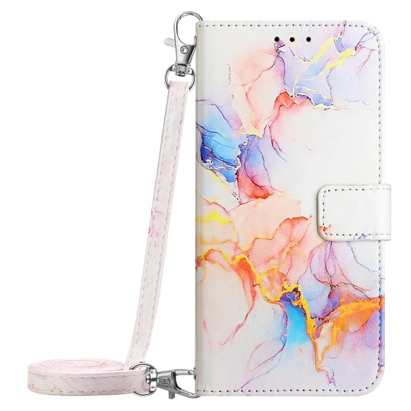For Samsung Galaxy S24 Leather Case with Shoulder Strap Marble Pattern Phone Stand Cover - Milky Way Marble White LS004