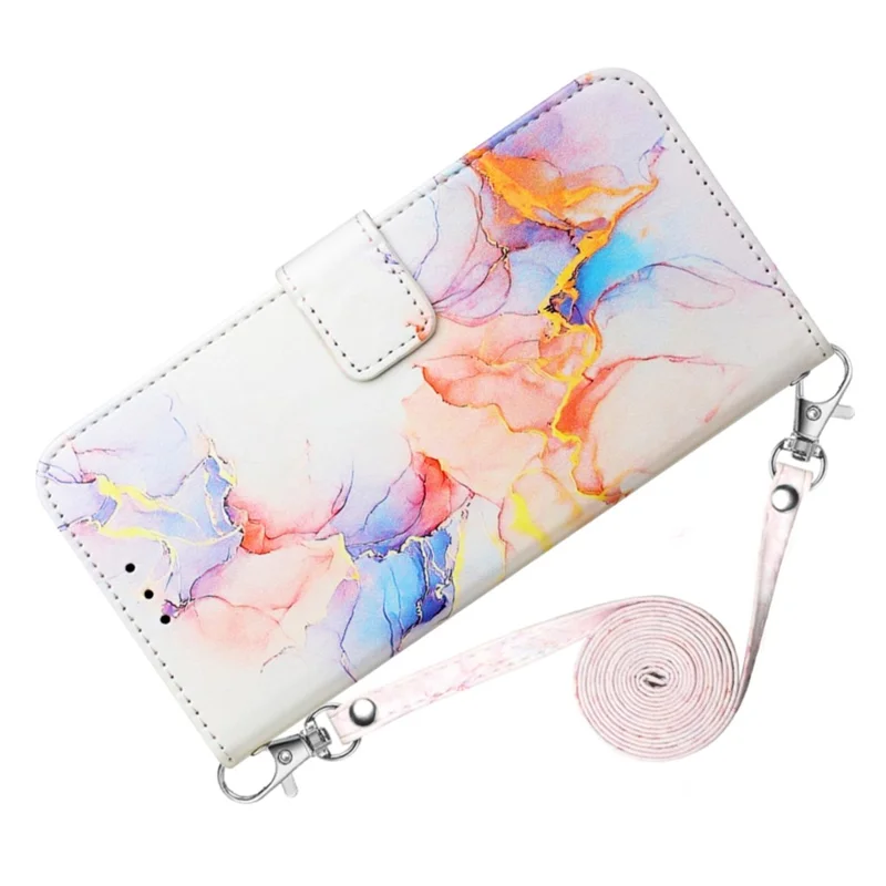 For Samsung Galaxy S24 Leather Case with Shoulder Strap Marble Pattern Phone Stand Cover - Milky Way Marble White LS004