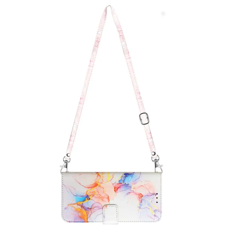For Samsung Galaxy S24 Leather Case with Shoulder Strap Marble Pattern Phone Stand Cover - Milky Way Marble White LS004