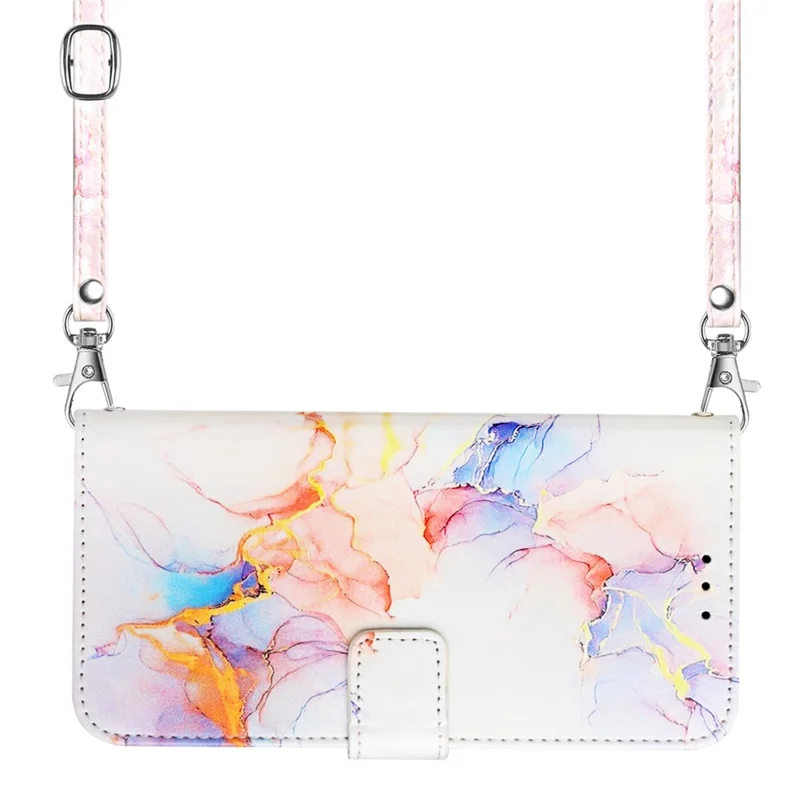For Samsung Galaxy S24 Leather Case with Shoulder Strap Marble Pattern Phone Stand Cover - Milky Way Marble White LS004