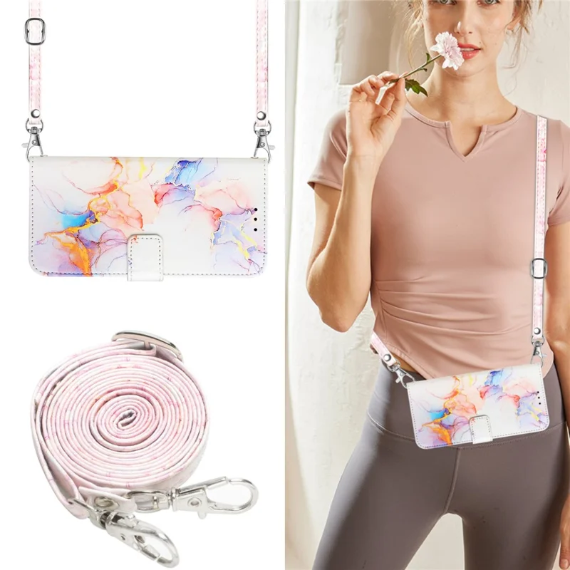For Samsung Galaxy S24 Leather Case with Shoulder Strap Marble Pattern Phone Stand Cover - Milky Way Marble White LS004