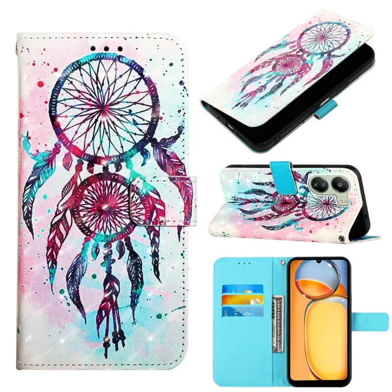 For Xiaomi Redmi 13C 4G / 13C 5G / 13R 5G / Poco M6 5G / Poco C65 4G Leather Case 3D Pattern Printing Wallet Stand - Colorful Wind Chime