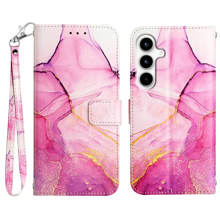 For Samsung Galaxy A35 5G Case with Strap Marble Pattern Leather Phone Cover Card Holder - Pink / Purple / Gold LS001