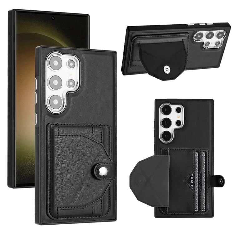 Serie de recubrimiento de cuero YB-4 para funda de teléfono con soporte y ranuras para tarjetas Samsung Galaxy S24 Ultra - Negro