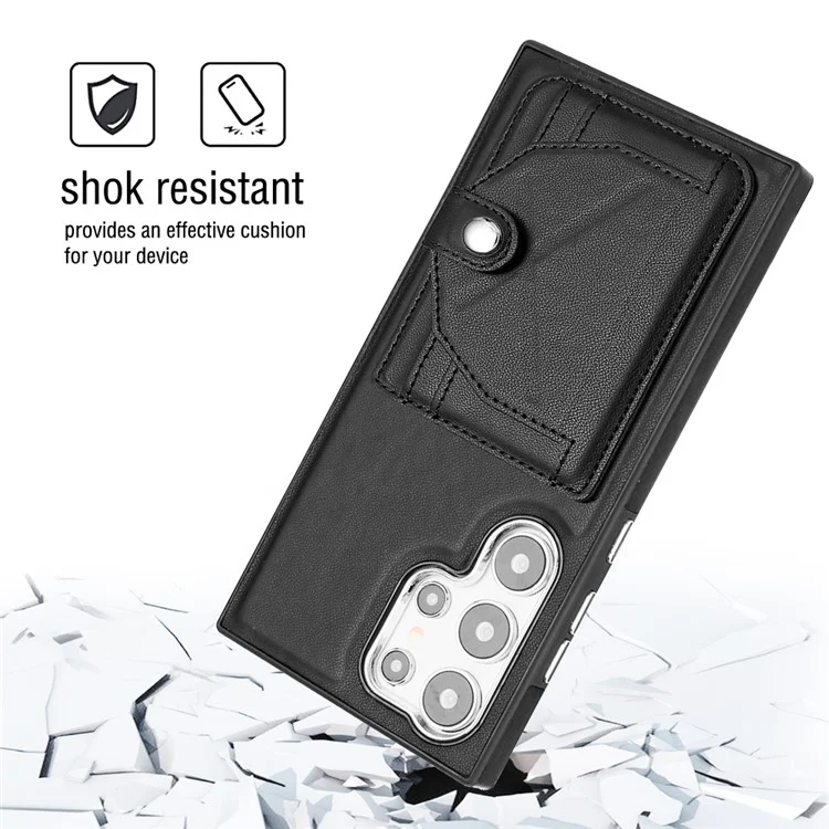 Serie de recubrimiento de cuero YB-4 para funda de teléfono con soporte y ranuras para tarjetas Samsung Galaxy S24 Ultra - Negro