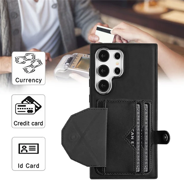 Serie de recubrimiento de cuero YB-4 para funda de teléfono con soporte y ranuras para tarjetas Samsung Galaxy S24 Ultra - Negro