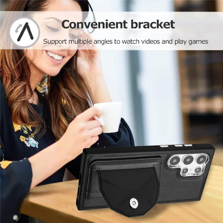 Serie de recubrimiento de cuero YB-4 para funda de teléfono con soporte y ranuras para tarjetas Samsung Galaxy S24 Ultra - Negro