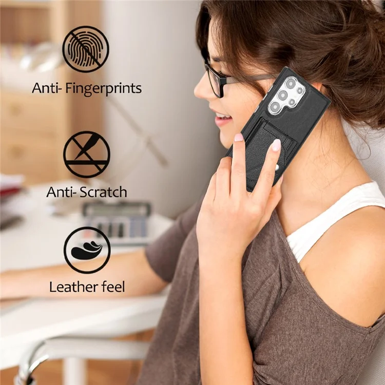 Serie de recubrimiento de cuero YB-4 para funda de teléfono con soporte y ranuras para tarjetas Samsung Galaxy S24 Ultra - Negro