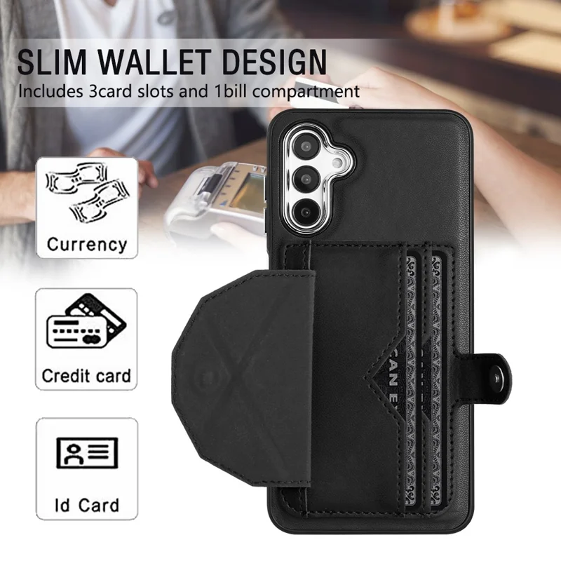 YB Leather Coating Series-4 for Samsung Galaxy A05s 4G Kickstand Case Card Holder Phone Cover - Black