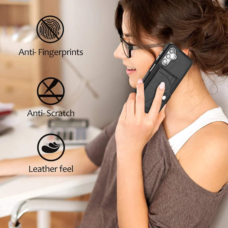 YB Leather Coating Series-4 for Samsung Galaxy A05s 4G Kickstand Case Card Holder Phone Cover - Black