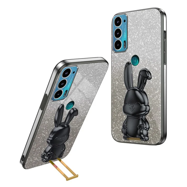 Pour Motorola Edge 20 Étui de téléphone portable, lapin de dessin animé, poudre de paillettes, support - Noir