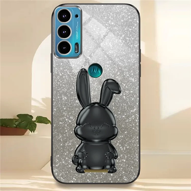 Pour Motorola Edge 20 Étui de téléphone portable, lapin de dessin animé, poudre de paillettes, support - Noir