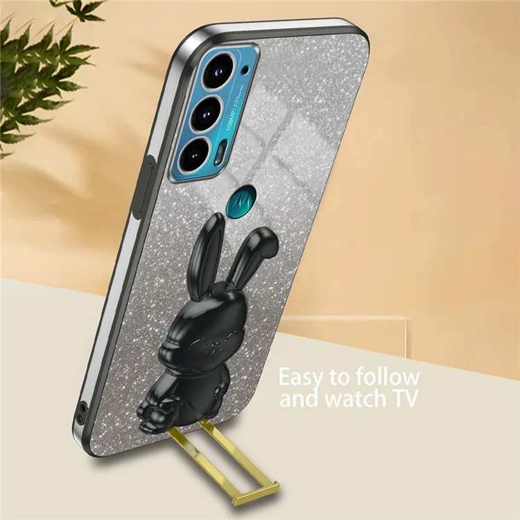 Pour Motorola Edge 20 Étui de téléphone portable, lapin de dessin animé, poudre de paillettes, support - Noir