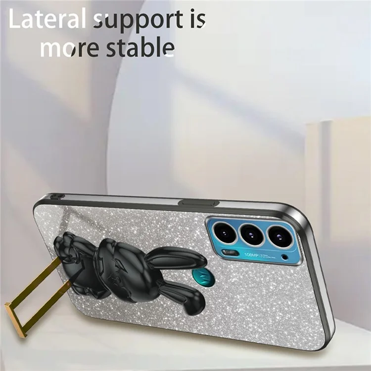 Pour Motorola Edge 20 Étui de téléphone portable, lapin de dessin animé, poudre de paillettes, support - Noir