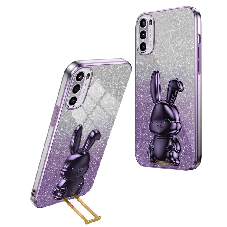 Para Motorola Moto G62 5G PC+TPU Case Cartoon Rabbit Kickstand Drop-resistant Smart Phone Cover - Morado