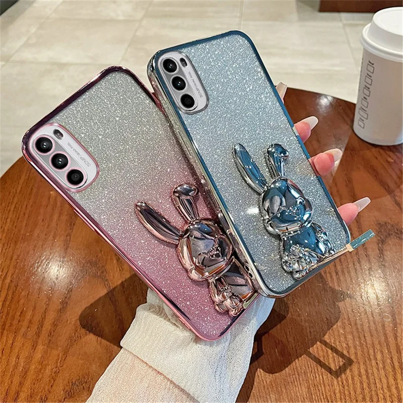 For Motorola Moto G52 4G / G82 5G Slim Case Cute Rabbit Kickstand Phone Protector - Silver