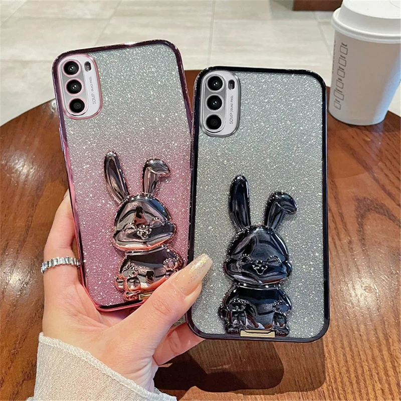 For Motorola Moto G52 4G / G82 5G Slim Case Cute Rabbit Kickstand Phone Protector - Silver