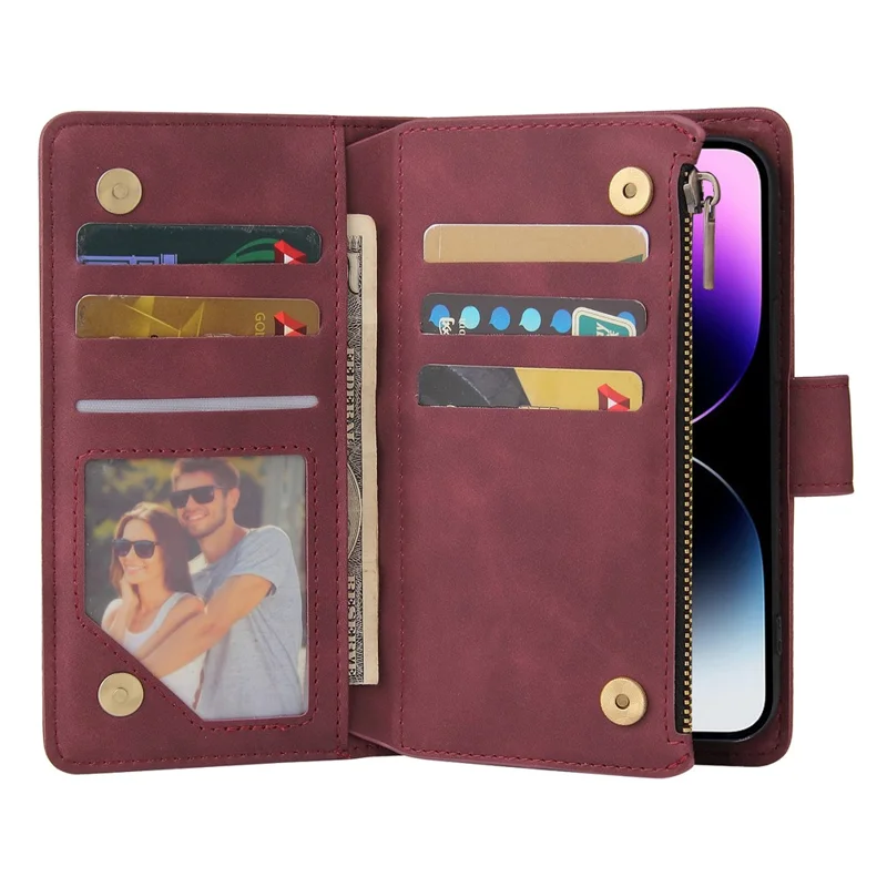 For iPhone 15 Pro Max Cell Phone Case Multiple Card Slots Drop-proof Cover with Zipper Wallet - Wine Red