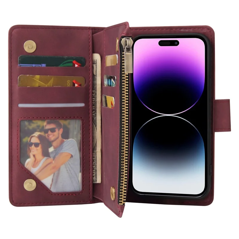 For iPhone 15 Pro Max Cell Phone Case Multiple Card Slots Drop-proof Cover with Zipper Wallet - Wine Red