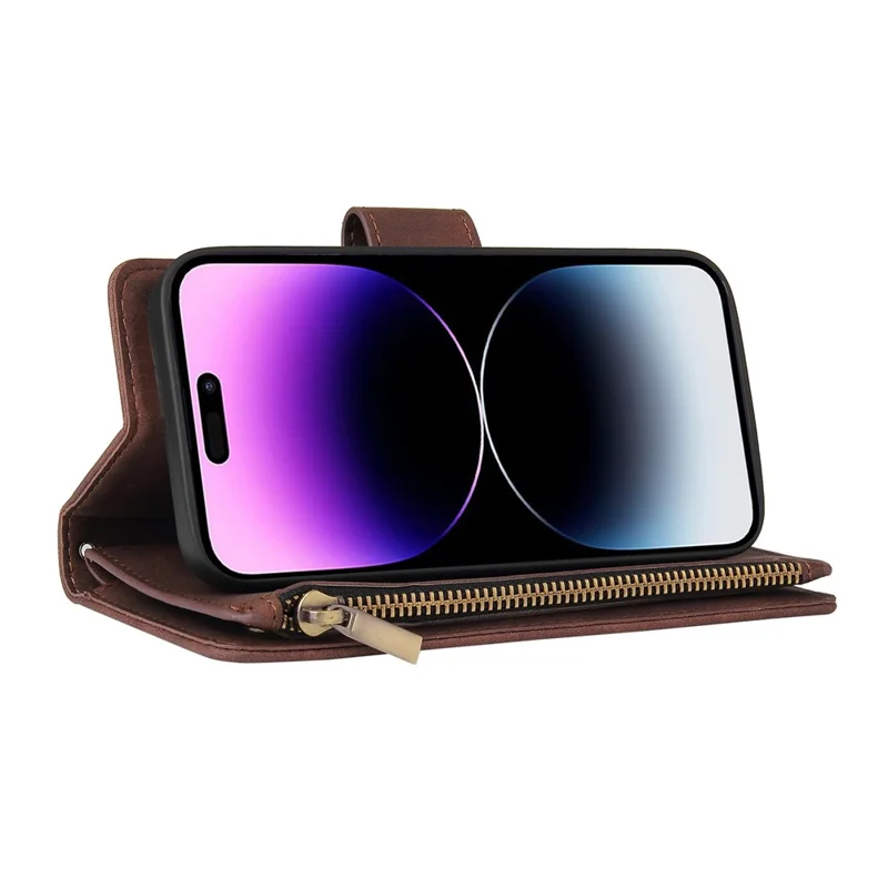 For iPhone 15 Pro Max Cell Phone Case Multiple Card Slots Drop-proof Cover with Zipper Wallet - Wine Red