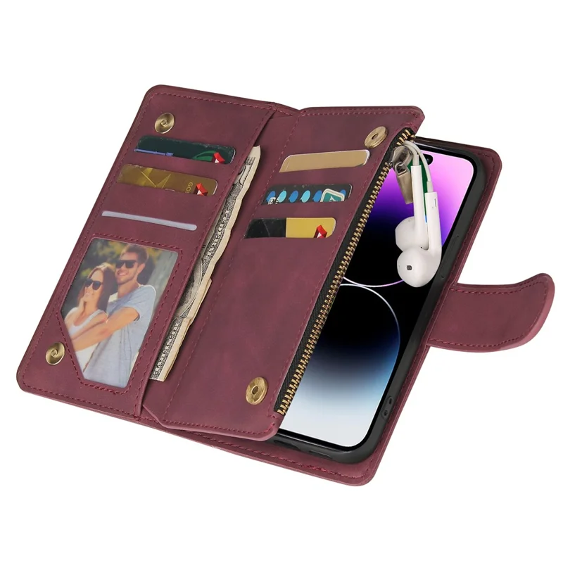 For iPhone 15 Pro Max Cell Phone Case Multiple Card Slots Drop-proof Cover with Zipper Wallet - Wine Red