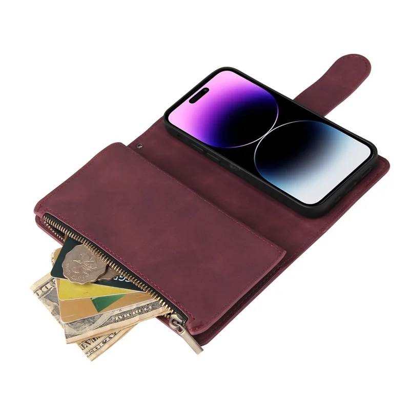 For iPhone 15 Pro Max Cell Phone Case Multiple Card Slots Drop-proof Cover with Zipper Wallet - Wine Red