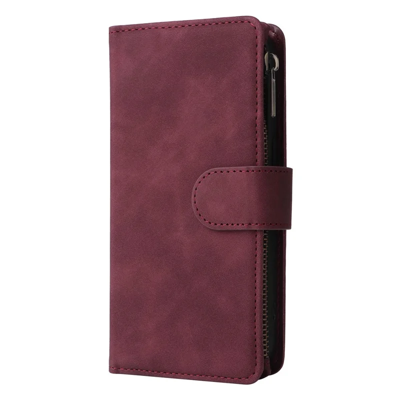 For iPhone 15 Pro Max Cell Phone Case Multiple Card Slots Drop-proof Cover with Zipper Wallet - Wine Red