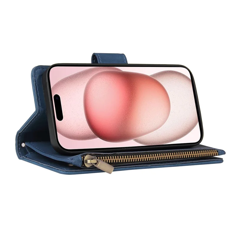 Capa para iPhone 15 Plus Case Múltiplos Slots para Cartão Carteira com Zíper Proteção de Couro - Azul