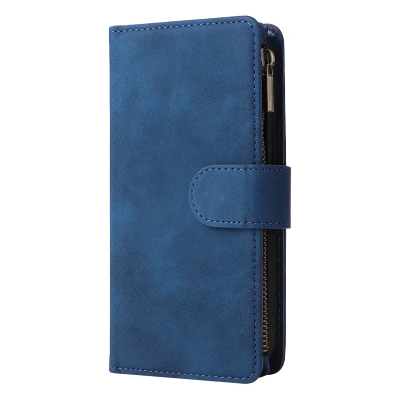 Capa para iPhone 15 Plus Case Múltiplos Slots para Cartão Carteira com Zíper Proteção de Couro - Azul
